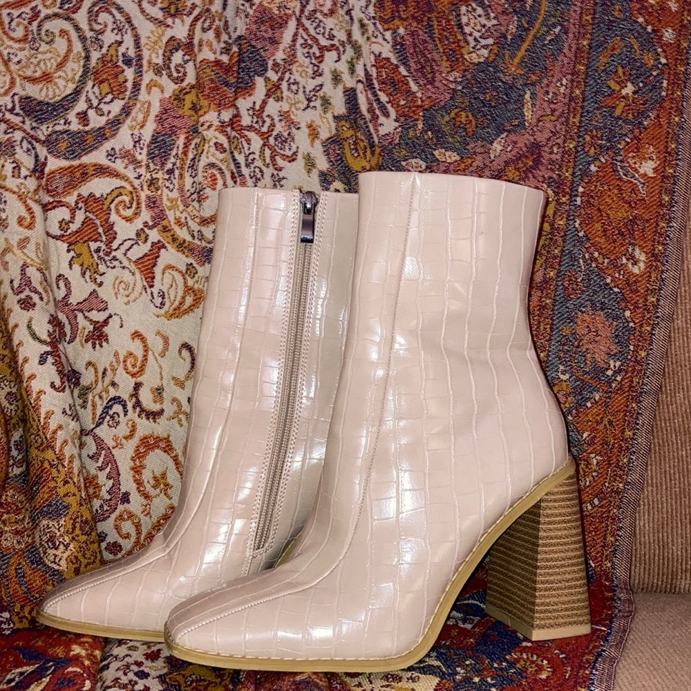Pink faux alligator booties